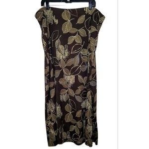 Women's Elastic Waist Skirt Plus Size 2x Brown Leaf Print Spandex Stretch Maxi